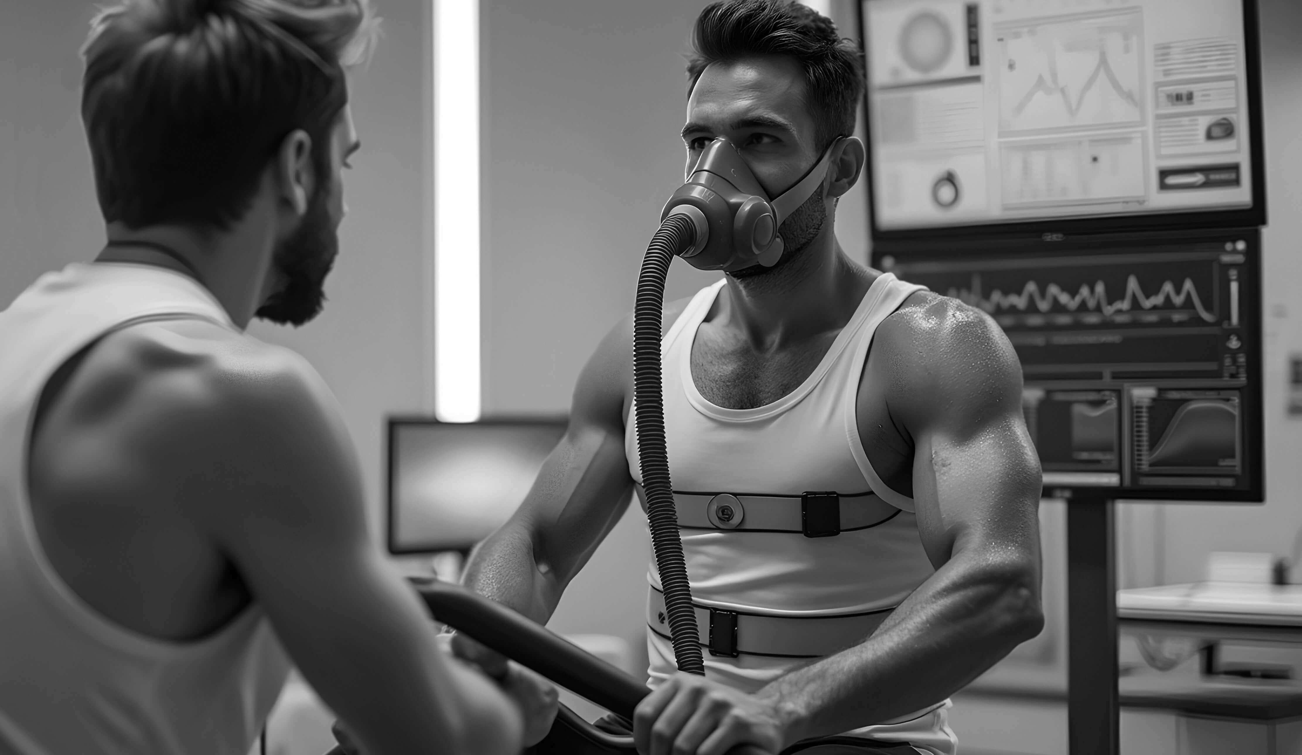 Athlete undergoing advanced sports performance testing while wearing a breathing mask and monitoring equipment during an exercise bike session