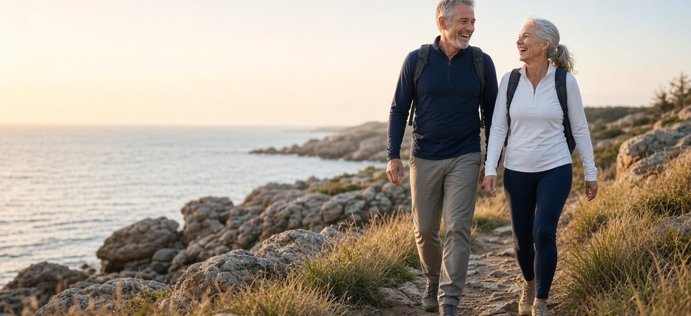 Couple in their 50s hiking a coastal trail in New England
