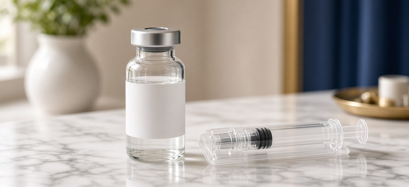 Unlabeled peptide vial and syringe on a marble counter