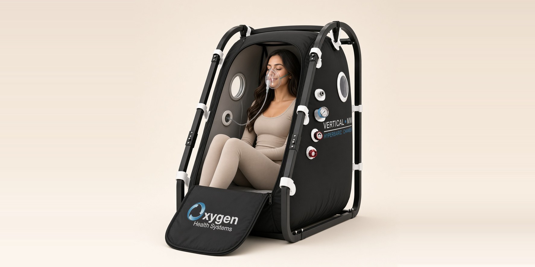 Vertical Mini sitting-style hyperbaric chamber in a bright clinic treatment room