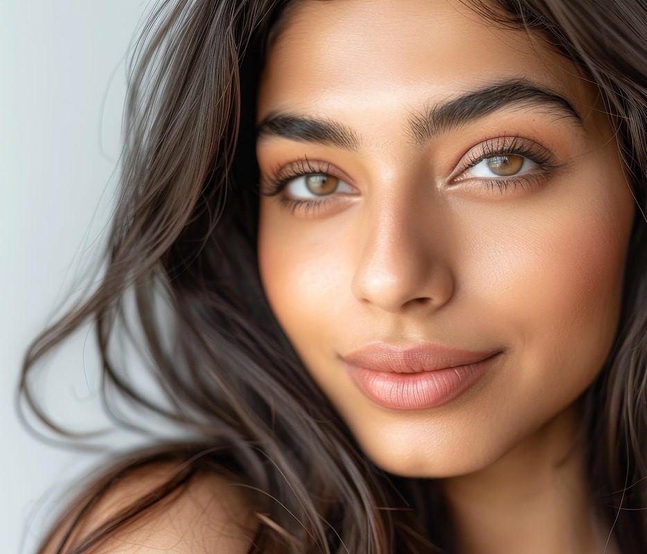 Woman with dark hair and glowing skin