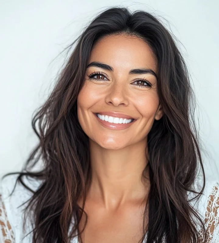 Smiling woman in her 40s with natural-looking skin