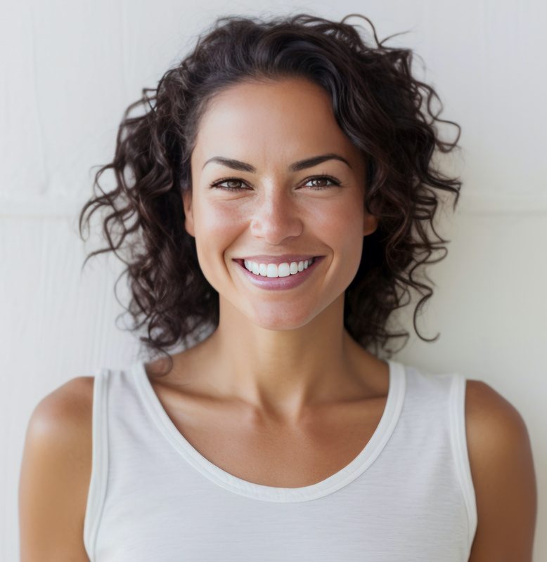 Woman with curly hair and great skin