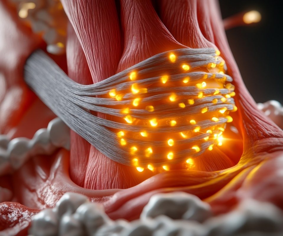 Close-up illustration of the Achilles tendon attachment, showing fibers against muscle and bone