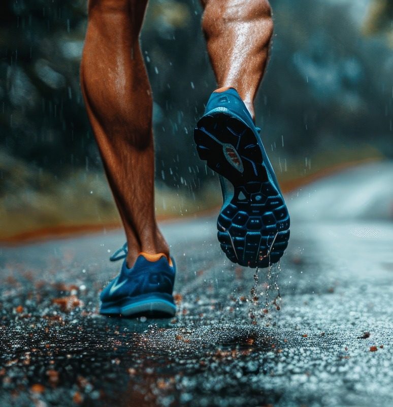 Man's legs and running shoes running down a rainy road
