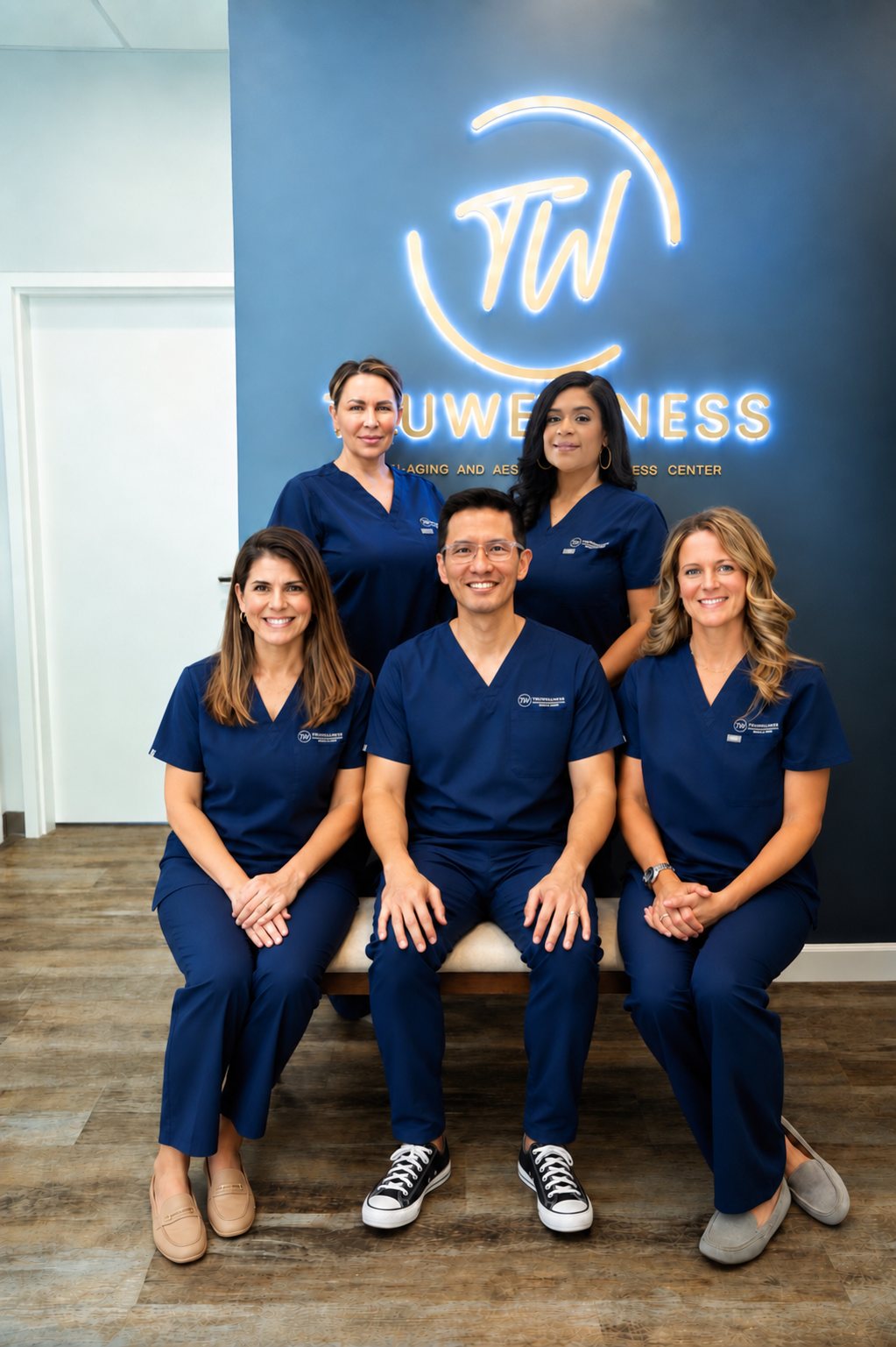 The TruWellness team in navy scrubs in front of the lit TruWellness logo at the Newburyport clinic: Medical Director Dr. Mark Su seated in the center with four providers around him