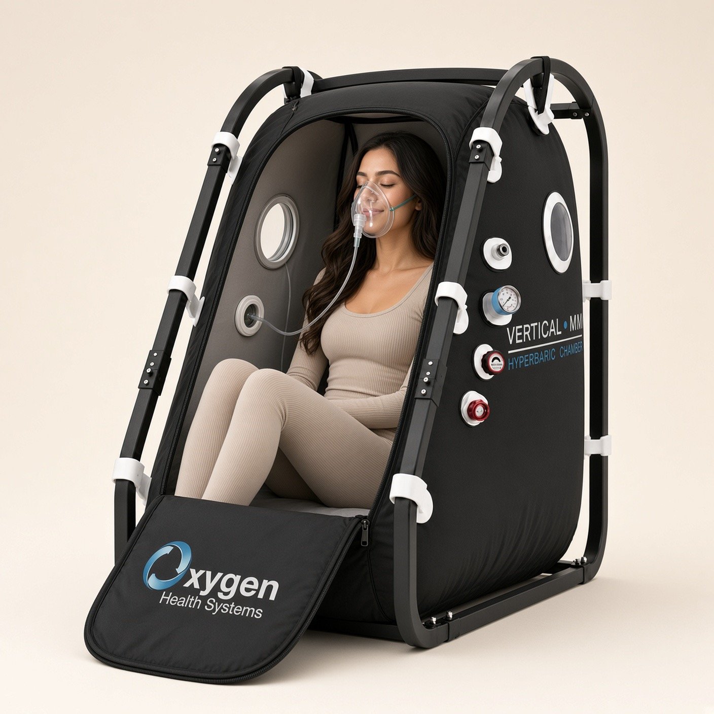 Woman relaxing inside a sitting-style hyperbaric oxygen chamber at TruWellness