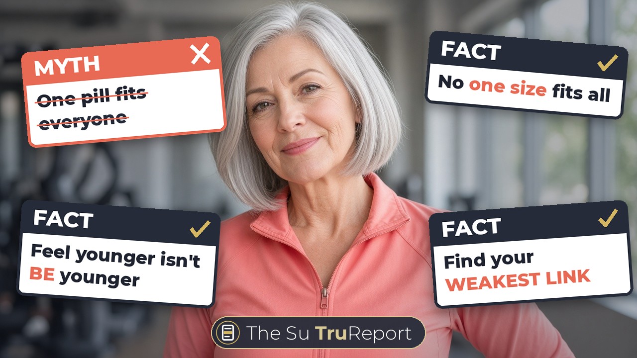 Smiling woman in a gym surrounded by myth and fact stamps about longevity supplements: no one size fits all, feeling younger is not being younger, find your weakest link