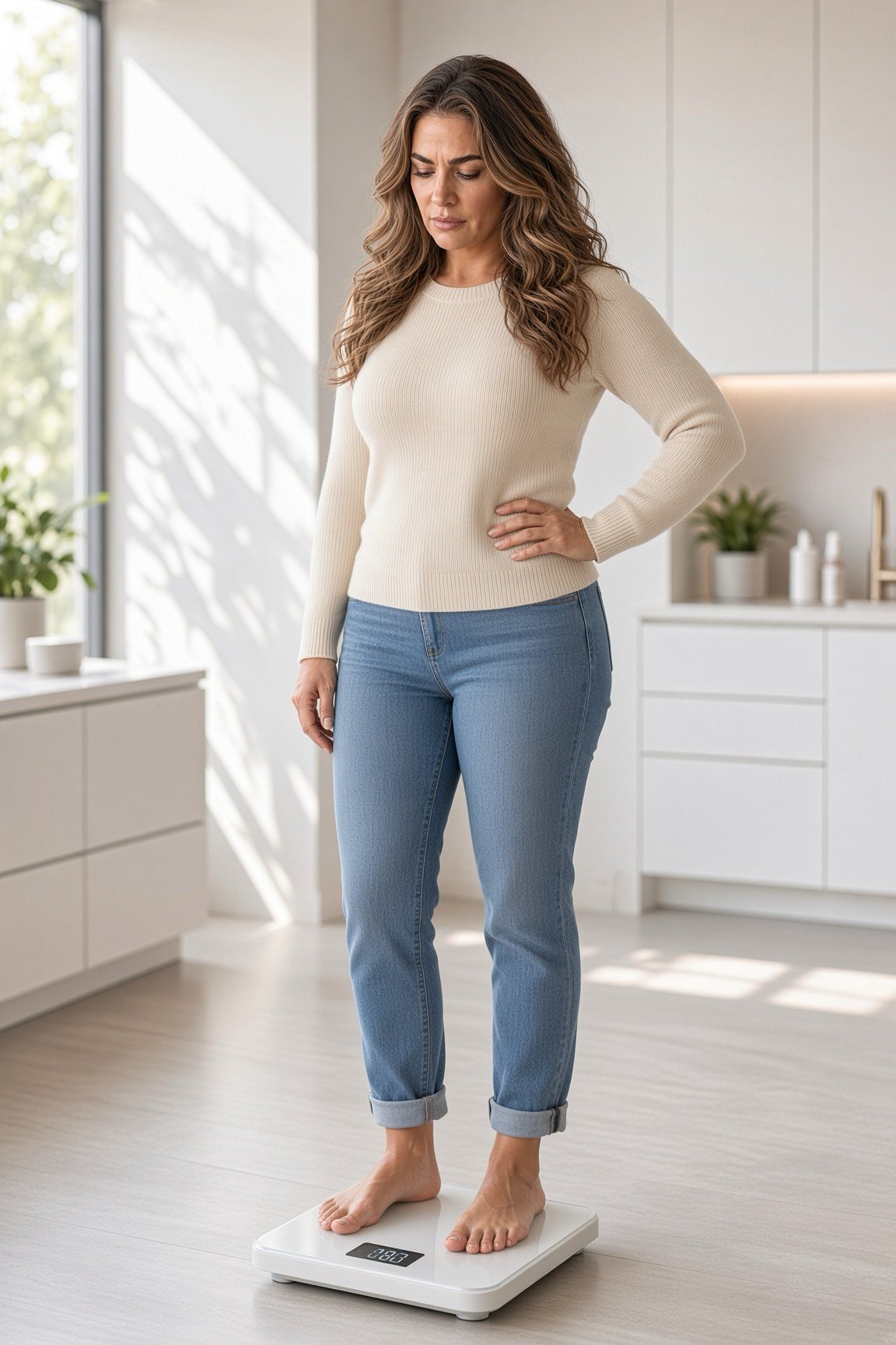 Woman in a cream sweater standing on a scale
